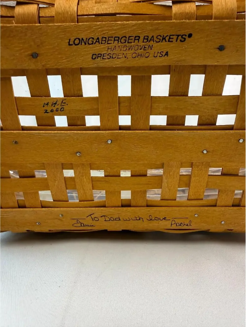 2000 Longaberger Founder’s Market Basket Handwoven Lid Signed To Dad With Love